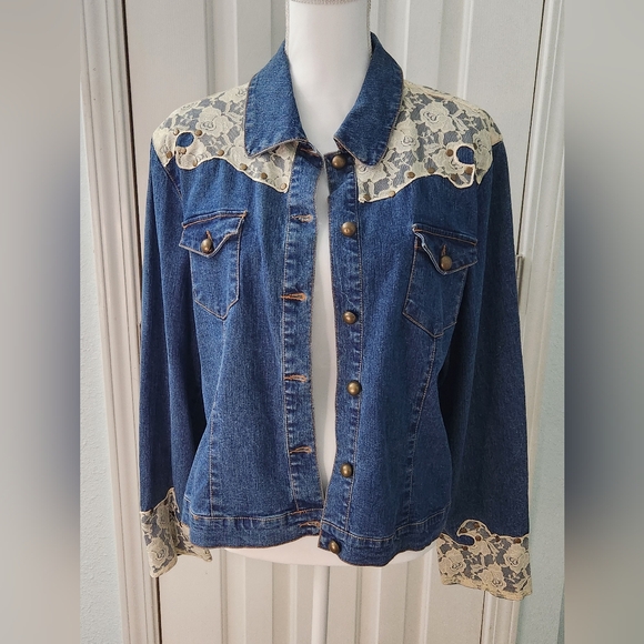 Jackets & Blazers - Denim Jacket with Lace Accents